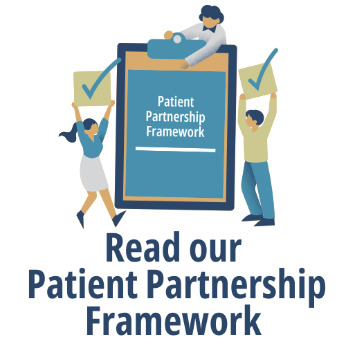 A graphic with three people with a clipboard that says Patient Partnership Framework, with the caption Read our Patient Partnership.